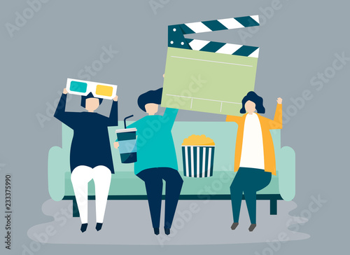 Characters of people holding movie icons illustration