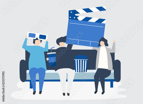 Characters of people holding movie icons illustration