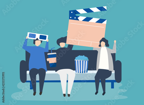 Characters of people holding movie icons illustration