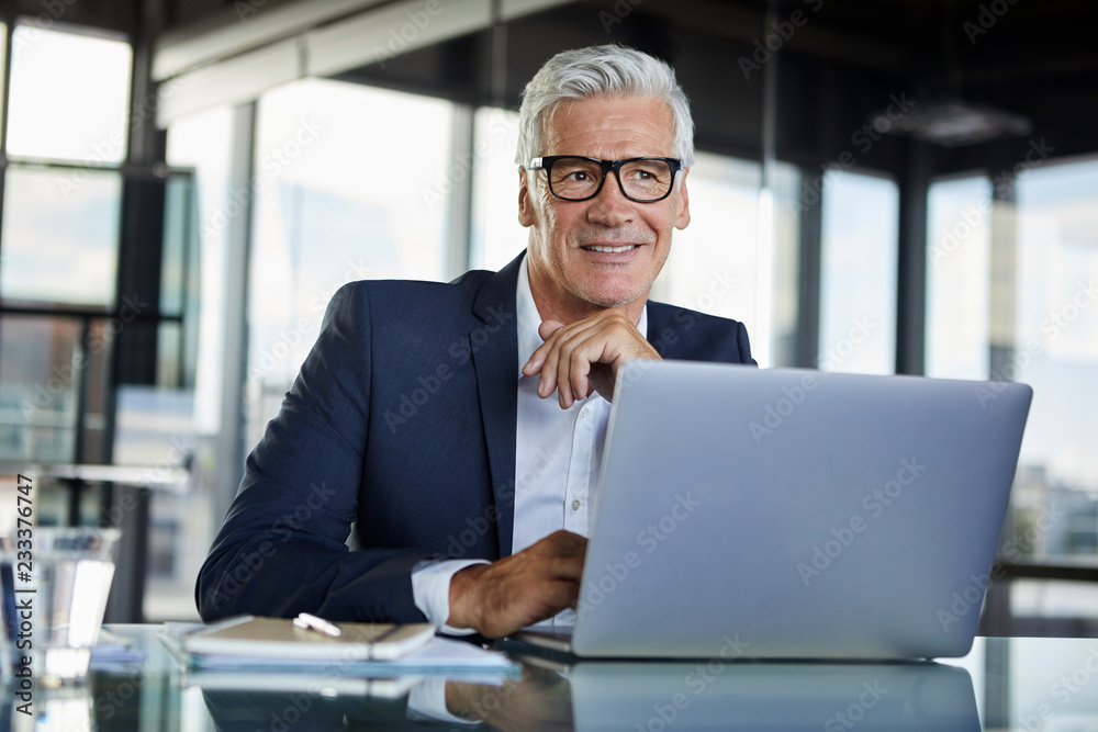 Businessman working in office, using laptop