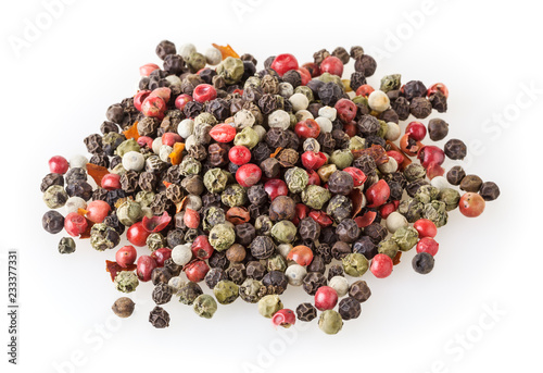 Mixed of diffrent kind peppercorns isolated on white background