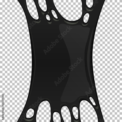 Black sticky slime banner with copy space. Frame of dark petroleum. Popular kids sensory toy vector illustration. Realistic liquid mucus isolated object. Abstract design element with ebon slime.