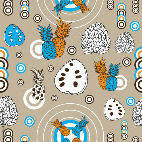 Tropical Avangard-Fruit Delight. Seamless Repeat Pattern Background in Orange White and Brown .