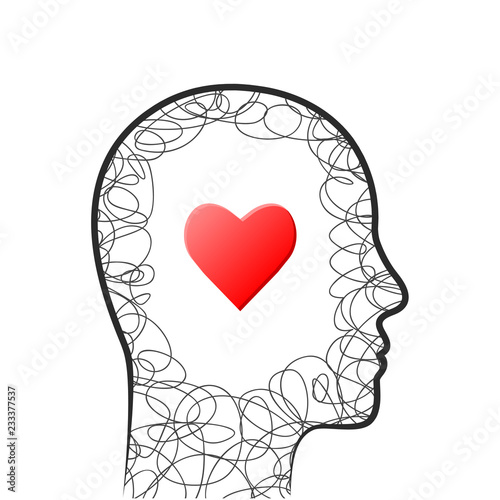 Head outline with heart and scribble concept. Vector illustration on white background.