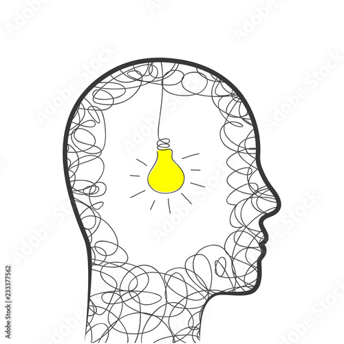 Head, scribble and lightbulb as innovation and thinking concept