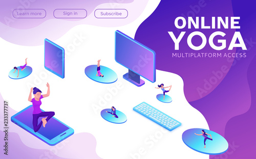 Yoga isometric concept or website template, 3d women doing physical exercises and watching online classes via smartphone or laptop, mobile app background, illustration of meditating in different pose