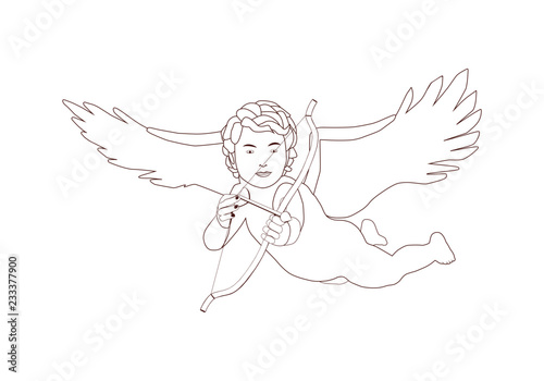 Cupid with bow and arrow. Little angel is aiming from the bow. 