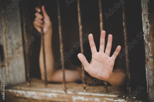 Fototapeta Prisoner holding metal cage in jail no freedom concept