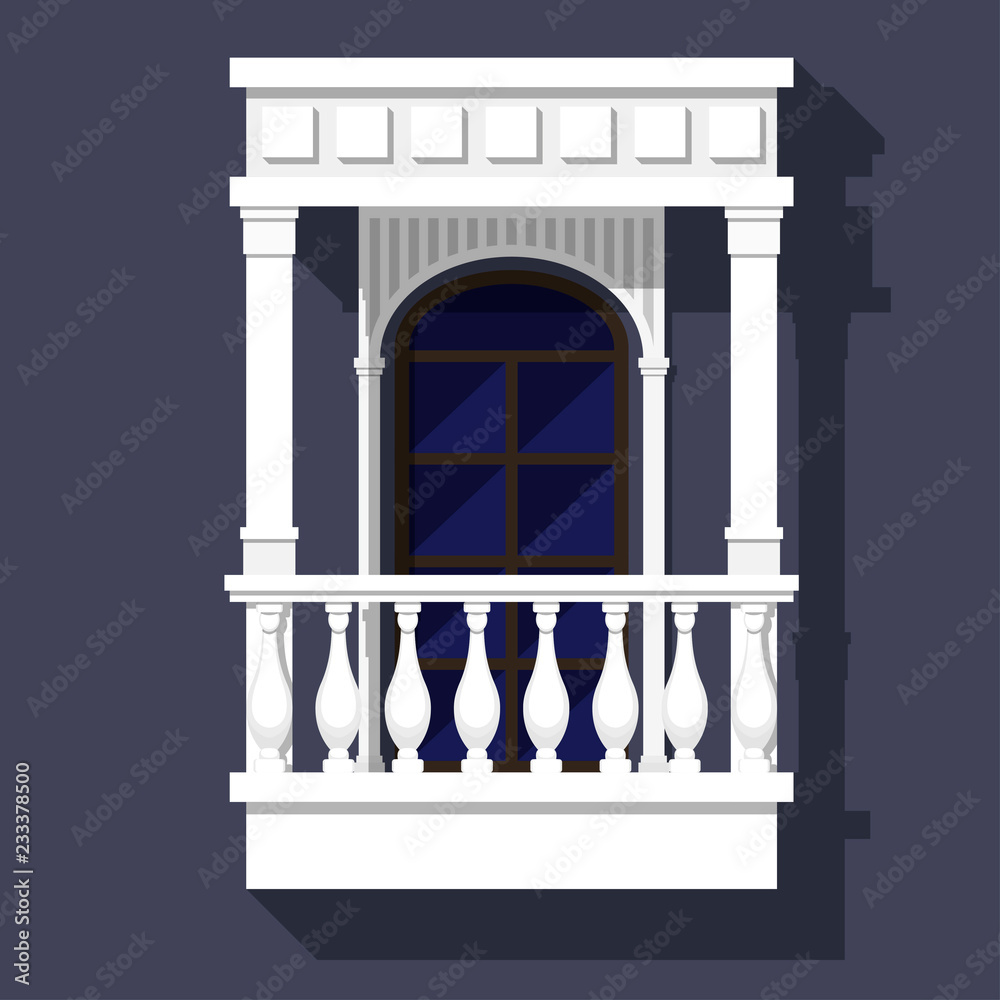 Classic style balcony with balusters, gables and columns. Arched window. Architectural element with built-in shadows. Classic style balcony with balusters, gables and columns. Arched window. Architectural element with built-in shadows.