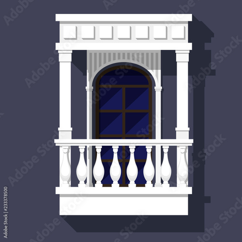 Classic style balcony with balusters, gables and columns. Arched window. Architectural element with built-in shadows.
