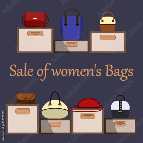 Sale of women s bags. Various women s bags on exhibition stands with price tags. Can be used for a poster or insert on the showcase. photo