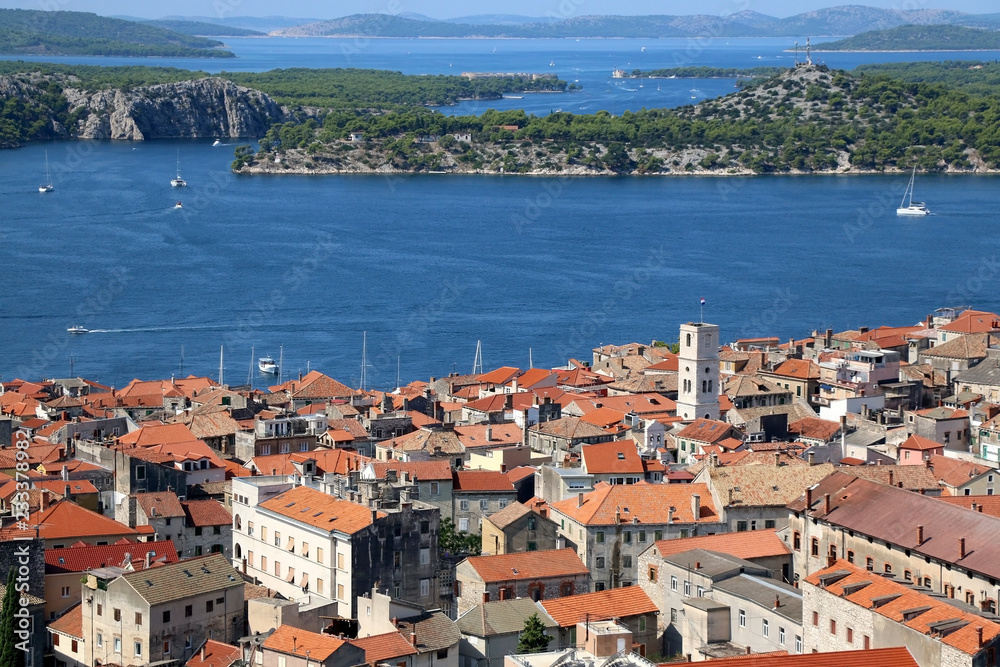 Historic city centre of Sibenik, Croatia . Adriatic Sea in the background. View from the Barone Fortress.