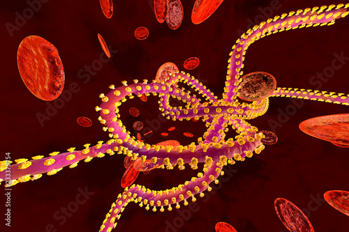 D rendered illustration of an Ebola virus in the blood stream surrounded by erythrocyte cells photo