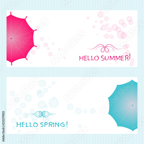 A set of cards. Background, banner. Blue, pink umbrella.