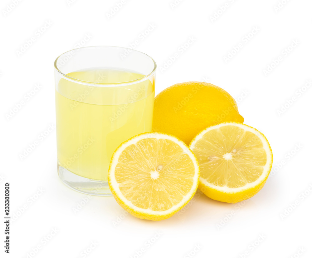 Closeup glass of lemon juice drink isolated on white background, food heathy concept Closeup glass of lemon juice drink isolated on white background, food heathy concept
