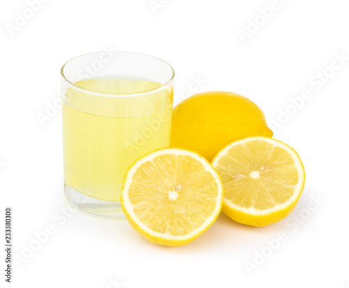 Closeup glass of lemon juice drink isolated on white background, food heathy concept