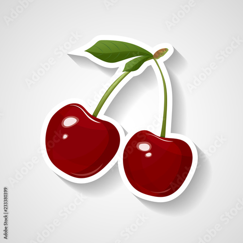 Cherry sticker vector illustration. Cartoon sticker with white contour in comics style.