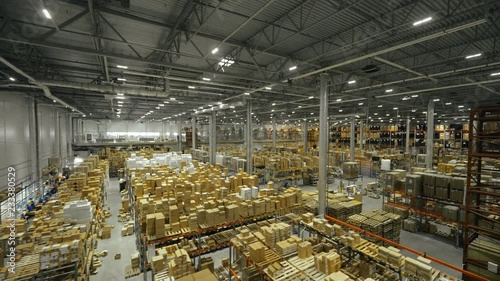 Boxes stored on high shelves in large industrial warehouse drone view