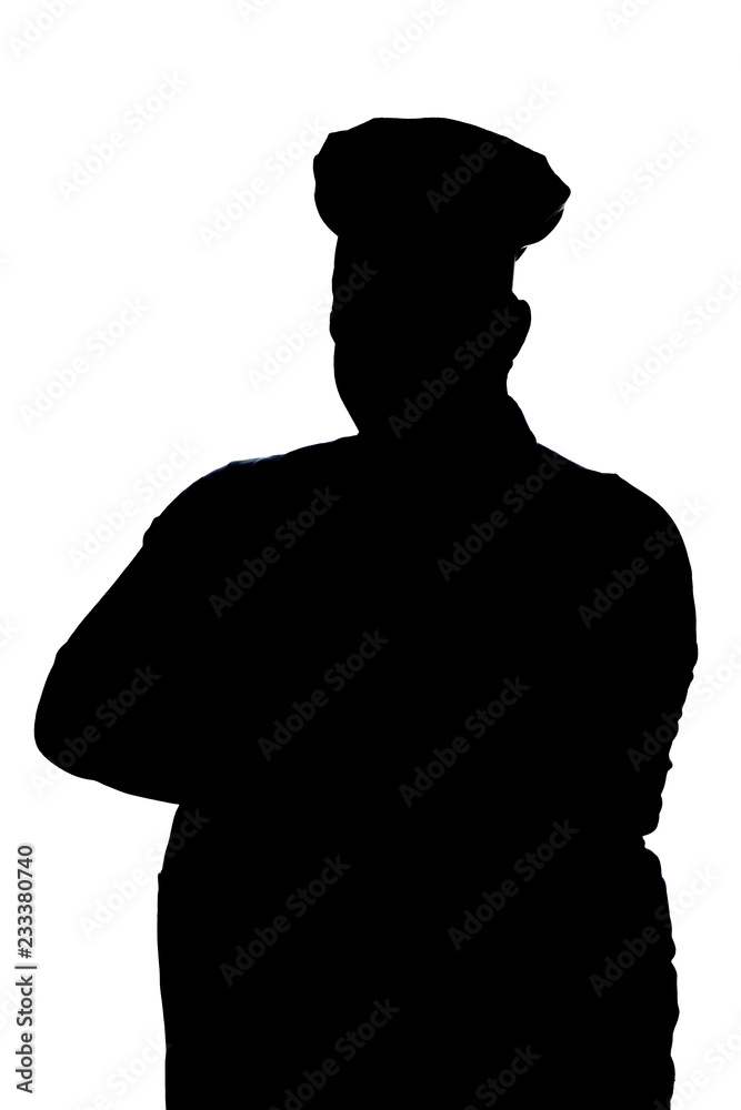 silhouette of a pot-bellied good-natured funny chef in a hat, male cooker folded his arms over his chest on a white isolated background, food industry concept