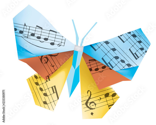 Origami butterfly with musical notes. 
Illustration of colorful paper origami butterfly with musical notes. Concept for music school.Vector available. 