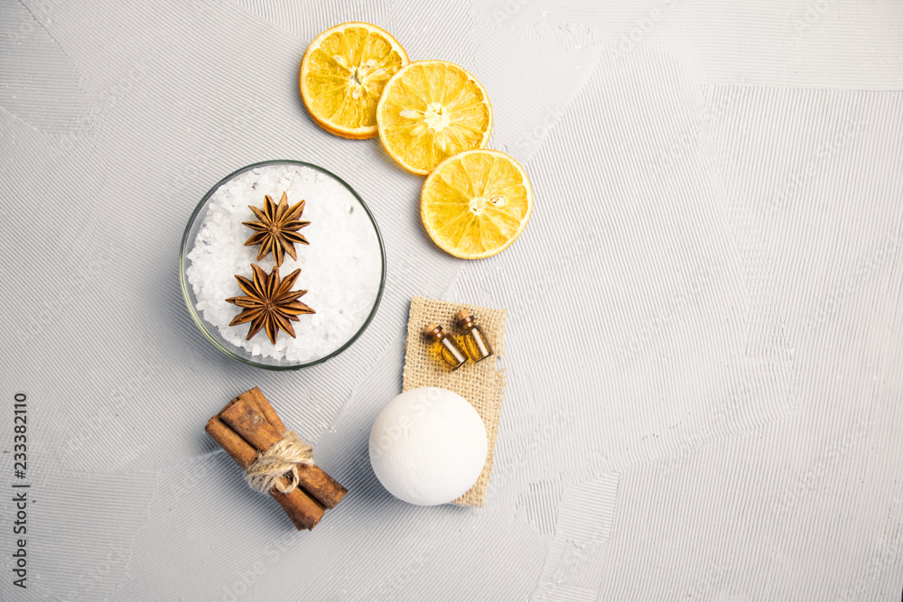 sea salt for bath, bath bomb and body oil with cinnamon, orange and spices sea salt for bath, bath bomb and body oil with cinnamon, orange and spices