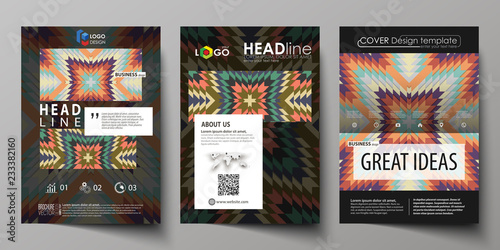 Business templates for brochure, flyer, booklet. Cover design template, abstract vector layout in A4 size. Tribal pattern, geometrical ornament, ethno syle, ethnic backdrop, vintage fashion background