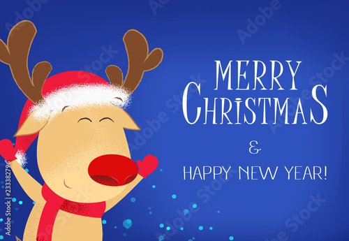 Merry Christmas and happy New Year poster design. Happy reindeer in Santa hat on blue background. Template can be used for greeting cards, posters, banners and brochures