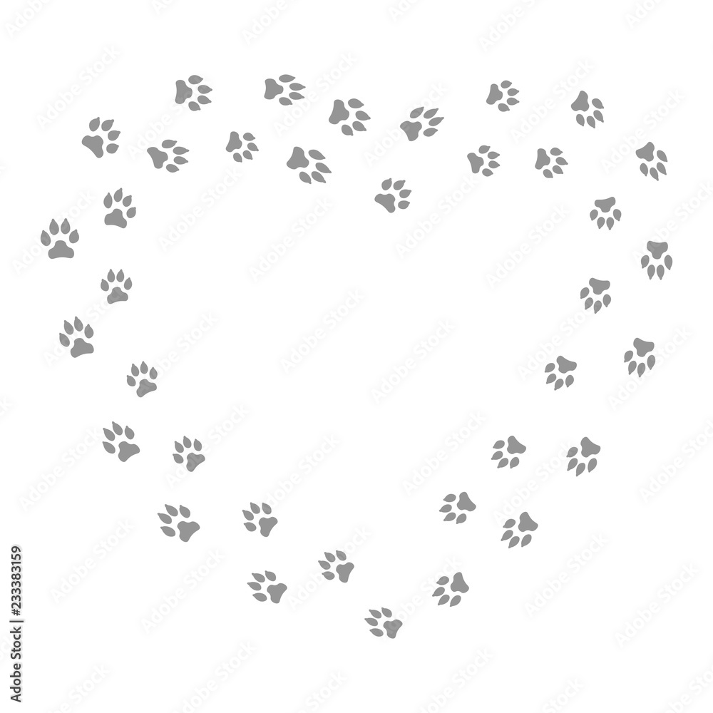 Heart shape frame with black dog track isolated on white background. Animal footprint silhouette. Border with pet track. Vector illustration.