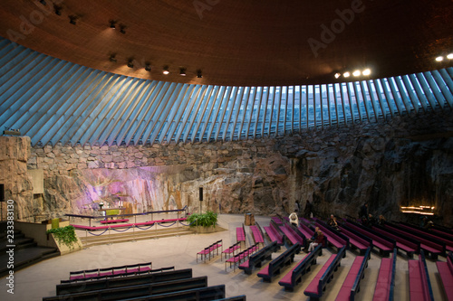 Helsinki, Finland, october 2018. Interior view of the famous stone church, an icon of this nice scandinavian city. Its finnish name is 