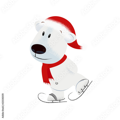 Cute cartoon dog in red scarf and Santa hat skating and having fun. Christmas vacation concept. Vector illustration can be used for banner design, festive posters, greeting cards, party invitations