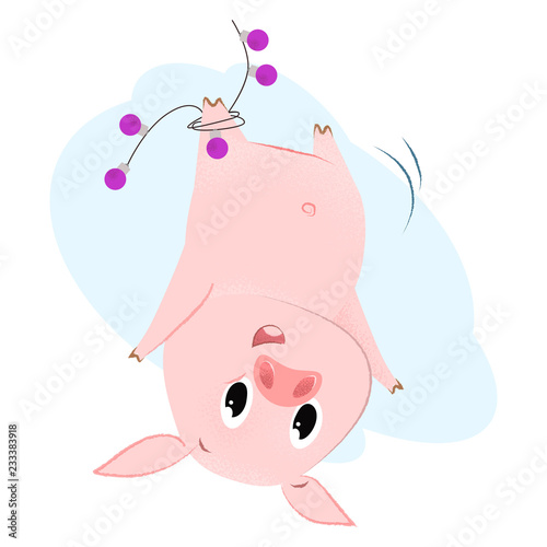 Cartoon funny piglet poster element  design. Illustration of piggy hanging upside down on garland. Can be used for topics like Christmas, holiday, festival, cartoon