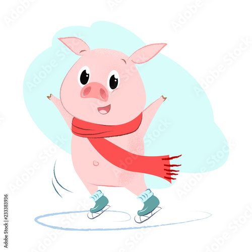 Cartoon pig on skating rink poster design. Illustration of piggy in red scarf on skating rink. Can be used for topics like Christmas, holiday, festival, cartoon