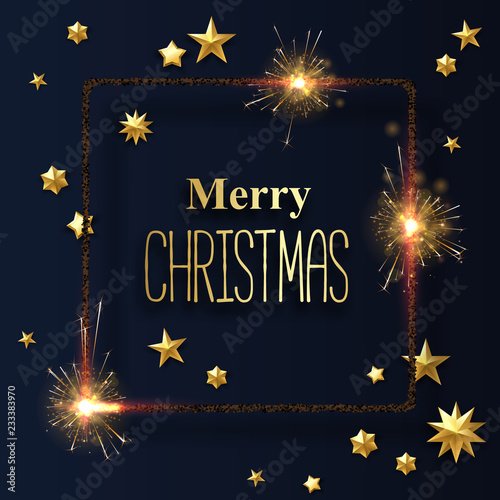 Merry Christmas shiny greeting card with sparklers and golden stars.
