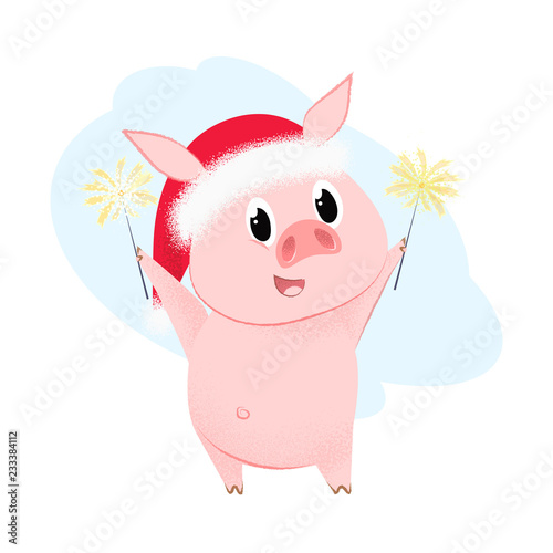Cartoon piglet postcard element design. Illustration of piggy in red hat holding Bengal lights Can be used for topics like Christmas, holiday, festival, cartoon