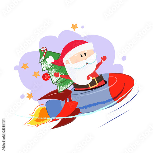 Cartoon Santa drawing design. Santa Claus with fir tree sitting on rocket on purple aquarelle background with stars. Can be used for topics like Christmas, holiday, festival, cartoon