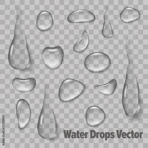 Realistic water drops. Isolated drops of water on a transparent background. Transparent drops. Vector illustration.