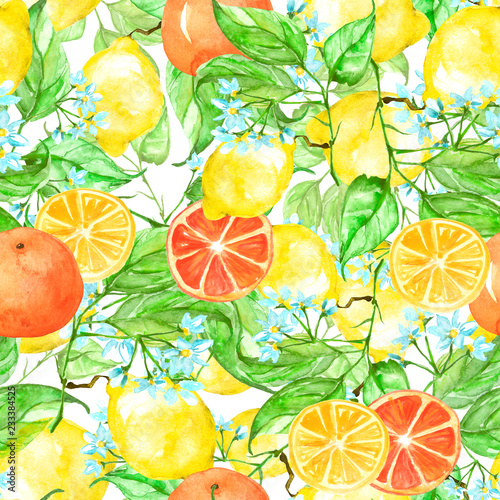 Vintage seamless watercolor pattern - hand drawing threads of lemon, tangerine, orange with leaves. Trendy pattern. Painting Citrus fruits. The picture is yellow and green.Branch with citrus fruit.