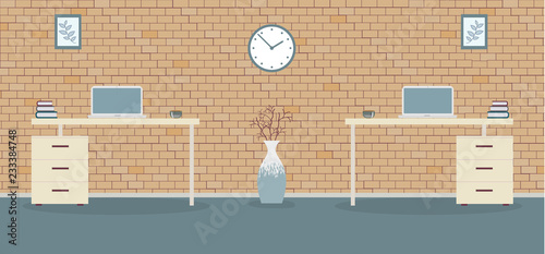 Office in loft style on a brick background. Vector illustration Two tables with drawers,decorative branches in a beautiful vase floor, cute paintings.Cup with coffee,laptop,clock on the wall, books