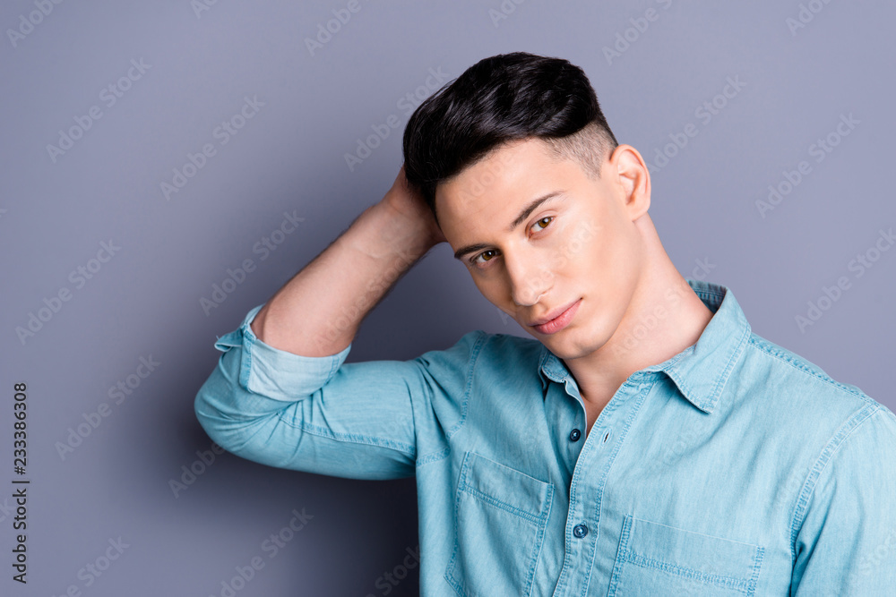 Close-up portrait of nice lovely well-groomed attractive handsom Close-up portrait of nice lovely well-groomed attractive handsom