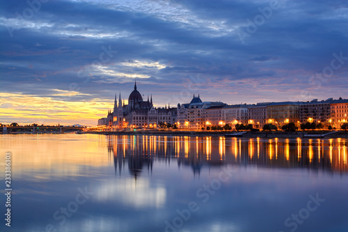 Night view of Budapest downtown reflecting in the river