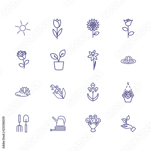 Flowers line icon set. Sun, tulip, sunflower. Nature concept. Can be used for topics like plants, orchard, gardening