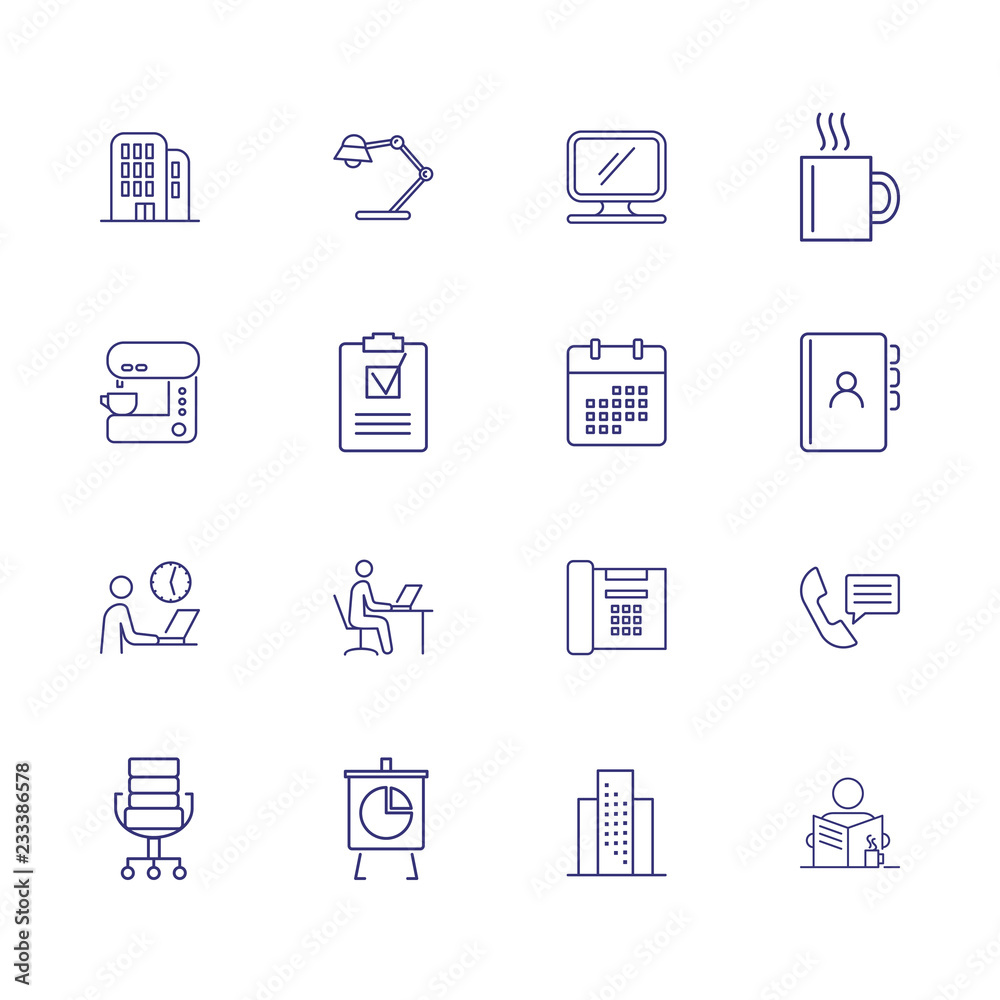 Office line icon set. Lamp, building, stationery. Desk job concept. Can be used for topics like work, workplace, schedule Office line icon set. Lamp, building, stationery. Desk job concept. Can be used for topics like work, workplace, schedule