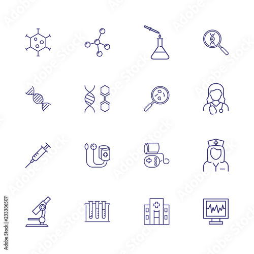 Medical tests line icon set. Molecule, beaker, microscope. Medicine concept. Can be used for topics like lab research, diagnosis, dna analysis