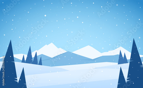Vector illustration: Winter snowy Mountains landscape with pines, hills and peaks