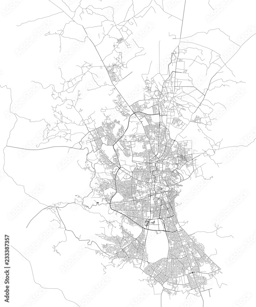 Mappa satellitare di Sana’a, Yemen, strade della città. Stradario e mappa del centro città