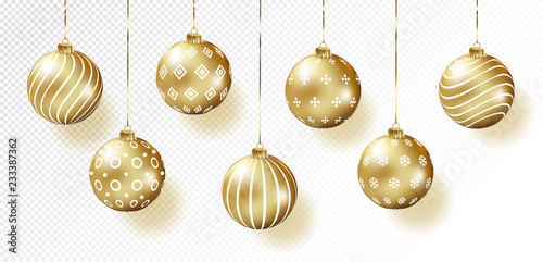 Golden realistic vector Christmas balls set.