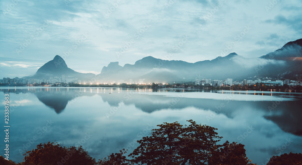 Lagoa de Freitas Lagoon in Rio de Janeiro, Brazil. Early morning reflections on the water.
