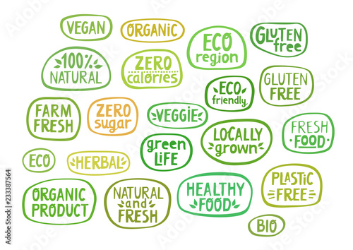 Stickers with handmade lettering for bio production, organic food, packaging.