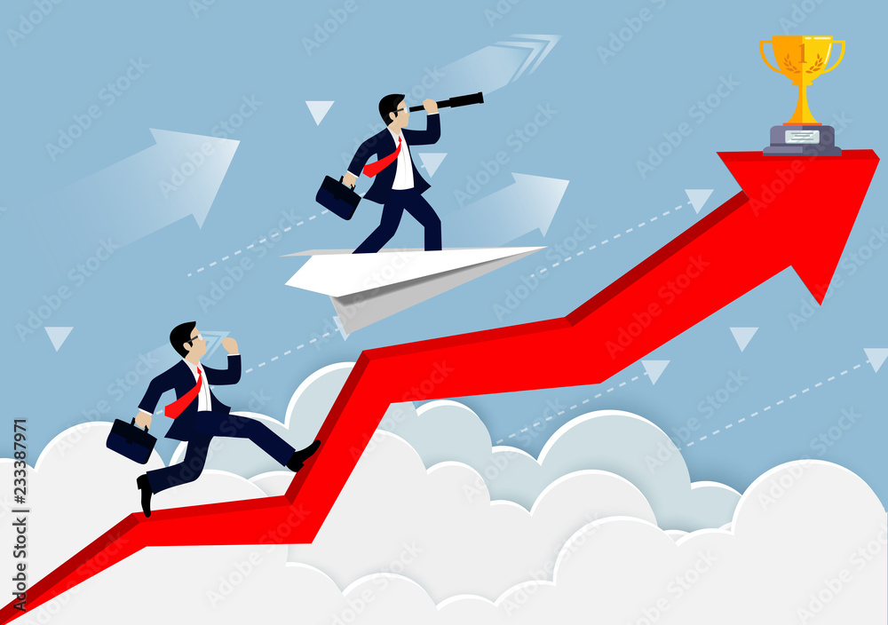 Businessman competition on a arrow red. up to the sky. go to goal and business finance success. leadership. creative idea. cartoon vector illustration Businessman competition on a arrow red. up to the sky. go to goal and business finance success. leadership. creative idea. cartoon vector illustration