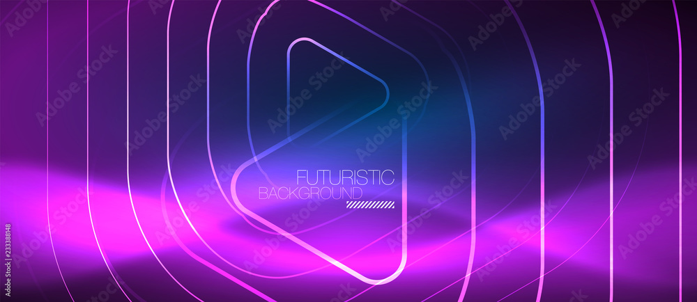 Obraz premium Neon glowing techno lines, hi-tech futuristic abstract background template with geometric shapes